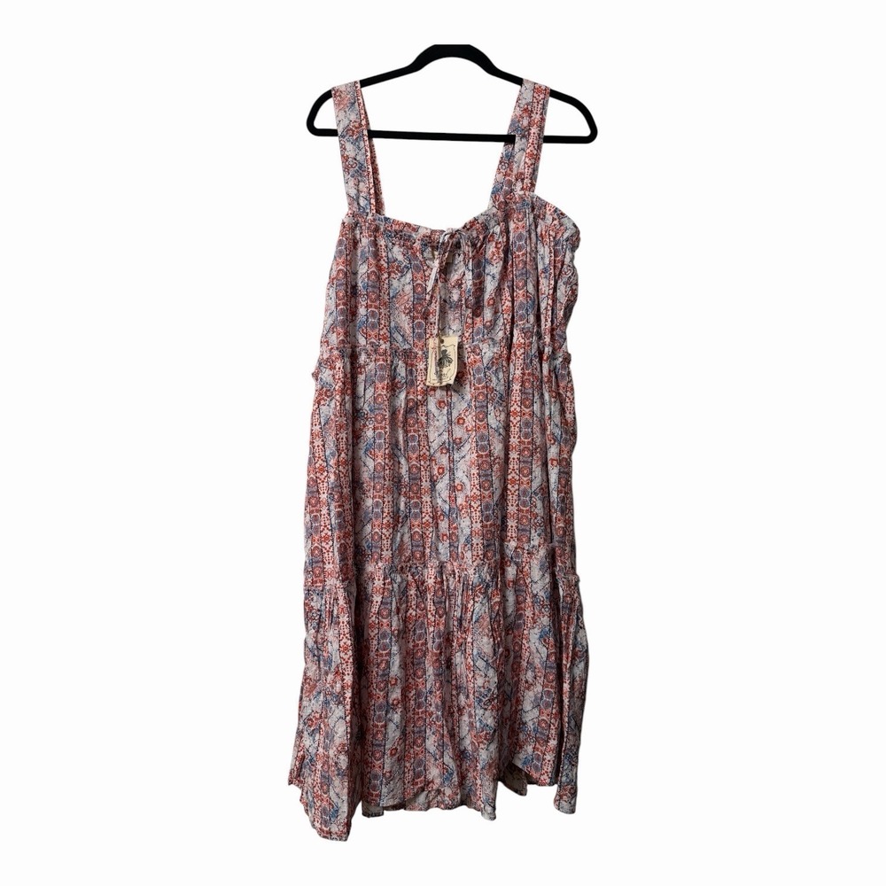 Easel Boho Tiered Midi Dress NWT Blue Rust Mosaic Print Cottagecore